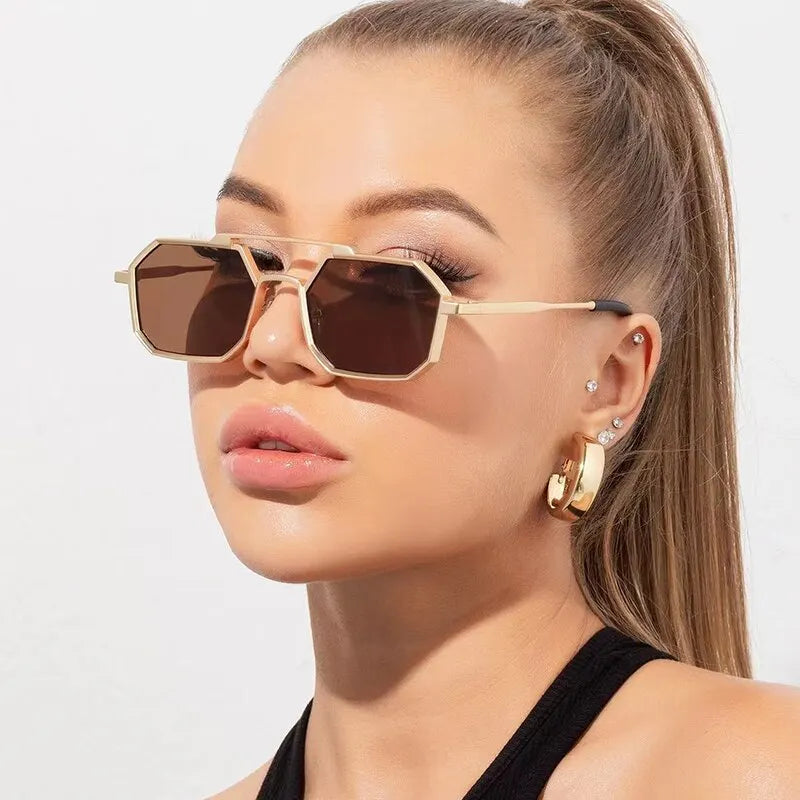 Classic Metal Punk Square Sunglasses Men Women Retro Double Bridges Fashion Woman Polygon Sunglasses Trendy Vintage Shades UV400